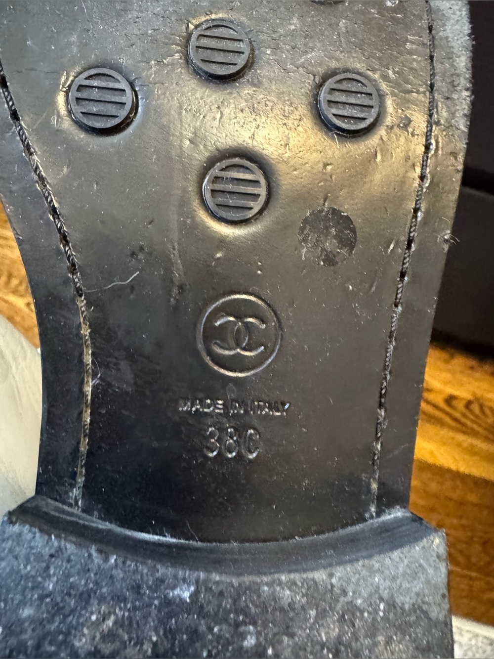 CHANEL Grey black Leather Lace-Up Boots with Black Cap Toe and Gold Logo Strap - Picture 16 of 16